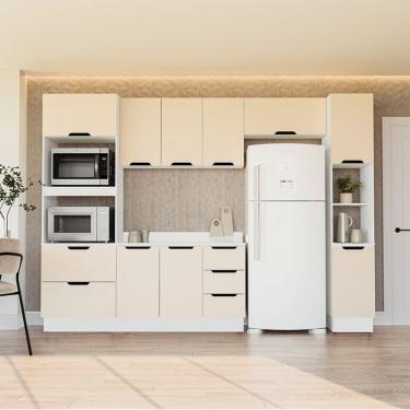Imagem de Cozinha Completa com Tampo, Paneleiro e Rodapé Meena 10 Portas 4 Gavetas Creme e Branca