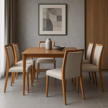 Imagem de Kit 2 Cadeiras de Jantar Luxo Jade Madeira Maciça Encosto Estofado Assento no Linho Bege