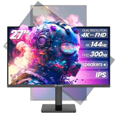 Imagem de CRUA Monitor de jogos de 27 polegadas, IPS UHD (3840 x 2160) modo duplo (4K 144Hz ou FHD 300Hz), 120% sRGB, suporte rotativo/vertical, AMD FreeSync, alto-falantes embutidos, HDMI 2.1 e DP 1.4