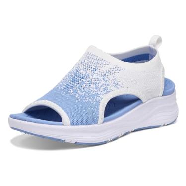 Imagem de YESWIN Sandálias femininas de caminhada, suporte de arco, ortopédica, confortável, fascite plantar, antiderrapante, casual, bico aberto, sandálias esportivas para verão e praia, Gradação azul, 35