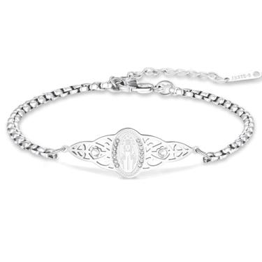 Imagem de VASSAGO Pulseira feminina de aço inoxidável da Virgem Maria, rosário delicado da Virgem de Guadalupe, cruz de Jesus, crucifixo católico, presente de batismo religioso cristão, Aço inoxidável, Sem