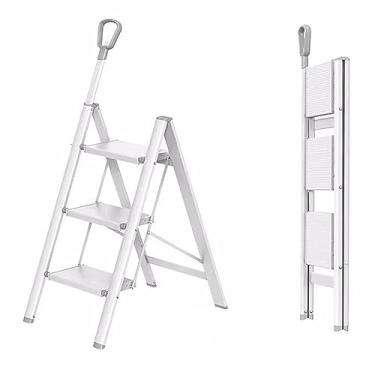 Imagem de Banco de escada dobrável de 3 degraus/4 degraus com pedal largo antiderrapante e corrimão retrátil, banco de alumínio portátil e leve para adultos, multiuso para casa e cozinha, sop