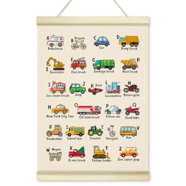 Imagem de Moldura de suporte de pôster de alfabeto de transporte, impressão de arte em tela de madeira educacional ABC, arte de parede de construção positiva para escola em casa, pré-escola, sala de aula