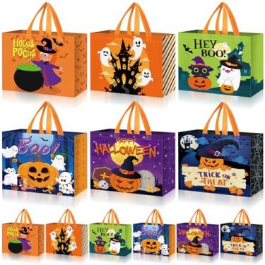Imagem de Sweetude 24 peças de sacos não tecidos de Halloween a granel 33 cm grandes sacos de doces ou travessuras com alças abóbora fantasma morcego monstro sacola para Halloween doces presentes embrulhar