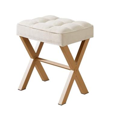 Imagem de Royal Windsor Banco de toucador, banquinho quadrado otomano, apoio para os pés, cadeira estofada com pernas de metal, assento pequeno para entrada, quarto e sala de estar, linho bege