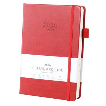 Imagem de Ztowoto Agenda 2026, capa de couro A5 2026, agenda semanal e mensal 14,5 x 21,6 cm com laço para caneta, elástico adesivo, diário de 365 páginas 2026 para escola, escritório e casa (vermelho)