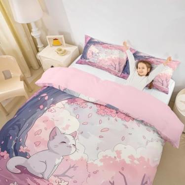 Imagem de Erosebridal Jogo de cama com desenho animado de gato pequeno, fofo, animal, rosa, sonhador, flor de cerejeira, para crianças, meninos, meninas, estilo japonês, kawaii, conjunto de cama