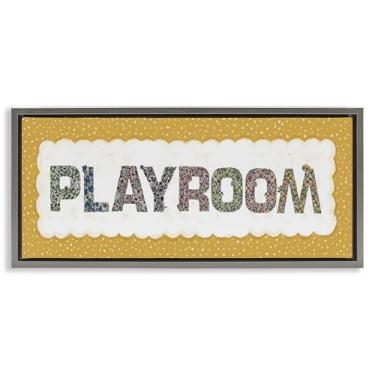 Imagem de Stupell Industries Arte de parede em tela flutuante emoldurada cinza para sala de jogos com borda amarela, design de Jennifer Stith, 28 x 63 cm