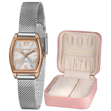 Imagem de Kit Relógio Lince Feminino Quadrado Prata/Rose Lqth278l22 S2sx