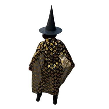 Imagem de Kit Chapéu Preto Estampado com Capa de Bruxa Dourada Prata Halloween Festa Fantasia Cosplay(G,Caveirinhas Douradas)