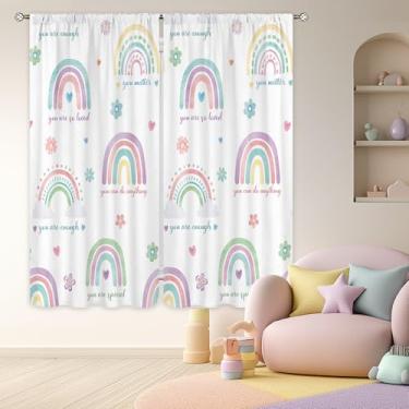 Imagem de Cinbloo Cortinas com citações Rainbow Kids Girls 106 cm L x 153 cm Bolso para varão Colorido Boho Bonito Positivo Inspirador Arte Impressa Pastel Berçário Infantil Infantil Sala de Estar Quarto