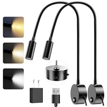 Imagem de Luz de leitura de parede LED plug-in com pescoço flexível de 15" e porta de carregamento USB - Luzes de leitura de cabeceira ERAY com foco regulável preto, controle de toque, temperatura ajustável de 3 cores - pacote com 2