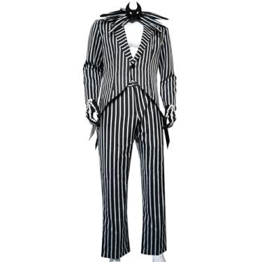 Imagem de QENUIA Fantasia masculina preta e branca, listrada, casaco, luvas, gravata borboleta, conjunto completo de cosplay