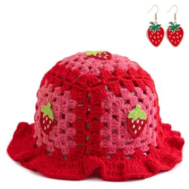 Imagem de Chapéu de morango de crochê para mulheres com brincos, chapéu floral feito à mão, lindos chapéus de malha dobráveis, Morango com brincos - b, tamanho �nico