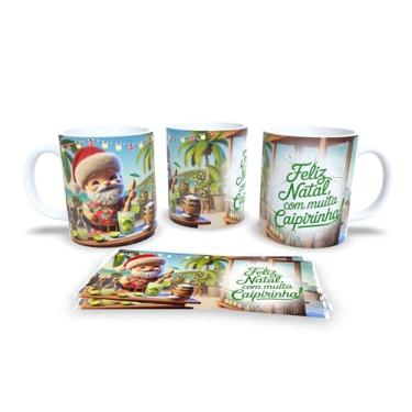 Imagem de Caneca de Natal com Papai Noel Surfista, Porcelana Branca, Tema Tropical, Decoração Praiana de Natal (19990)