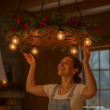 Imagem de Luminária Rústica Costela de Adão Pendente MDF com Bocais E27 e Folhagens Artificiais – Design Natural e Moderno, Corrente de Nylon – Iluminação Decorativa para Sala, Quarto e Área Gourmet (Grande)
