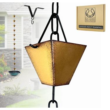 Imagem de U-nitt Coletor de água de corrente de chuva para calhas, coletor e desviador de água da chuva, correntes de 20 metros para jardim externo, copos quadrados dourados, calha de telhado, funciona com