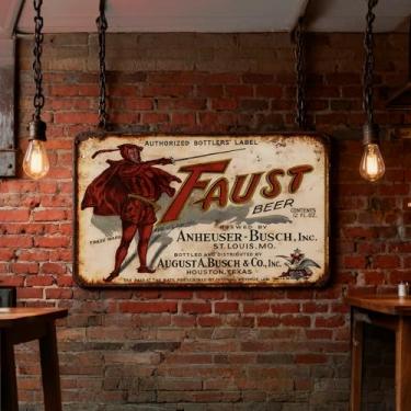 Imagem de 1 placa vintage de lata de cerveja Faust - Etiqueta autorizada de engarrafadores com caráter de manto vermelho, decoração de parede de metal retrô americana para bar café sala de estar casa, vermelho