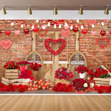 Imagem de CapiSco Fundo de festa feliz dia dos namorados, 2,8 x 1,8 m, parede de tijolos, porta de madeira e flor de rosa vermelha, luzes de coração para aniversário, chá de bebê, decoração de festa de retrato