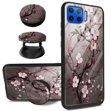 Imagem de Capa para Motorola Moto One 5G/One 5G UW/G 5G Plus com 1 suporte versátil, capa traseira de vidro temperado fina para mulheres e homens capa protetora de TPU macio - flor de ameixa