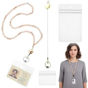 Imagem de LXUEJIE Cordão retrátil para crachás de identificação, cordão de professor fofo com suporte de identidade e carretel retrátil para chaves, cordão de chaveiro com contas de madeira
