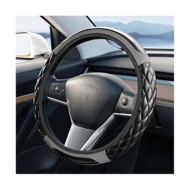 Imagem de FALVFUN Capa de volante de carro, protetor de volante antiderrapante de couro de fibra de carbono elástico de 38 cm, acessórios de proteção interna automotiva, universal para veículos (cinza)