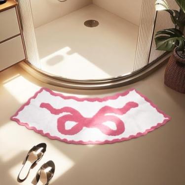 Imagem de Tapete de banheiro curvado com laço rosa, 61 x 144,8 cm, microfibra antiderrapante, macio, absorvente para canto, banheira, quadrante, box de chuveiro (laço rosa)