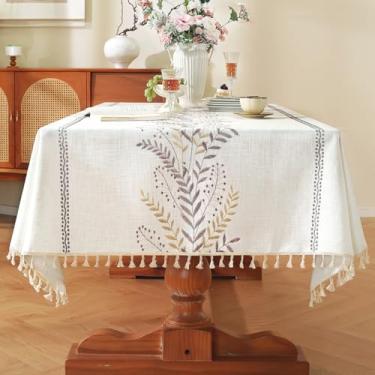 Imagem de Laolitou Toalha de mesa retangular, toalha de mesa de linho de algodão resistente, rústica de fazenda, impermeável, sem rugas, com borlas, samambaia de café, 125 × 120 polegadas