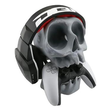 Imagem de Suporte Base para Controle PS5, PS4 e Fone de Ouvido, Design Caveira, Montagem em Parede ou Mesa, Cinza