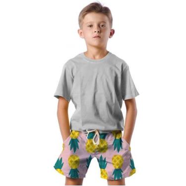 Imagem de Shorts Infantil Bermuda Calção Praia Verão Abacaxi Cartoon Amarelo 556