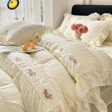 Imagem de XLCZMYL Jogo de cama de casamento com babados de renda estilo princesa Seersucker conjunto de capa de edredom macio de algodão lavado conjunto de lençol 3/4 peças, fora, branco, cama de 1,8 m, lençol