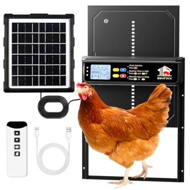 Imagem de Porta automática de galinheiro alimentada por energia solar com temporizador, sensor de luz, controle remoto, visor LCD, liga de alumínio, 4 modos automáticos, porta larga para galinheira