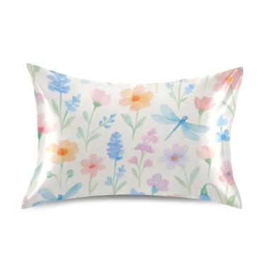 Imagem de Fronhas de cetim bege aquarela flores silvestres bonito refrescante padrão king queen impressão arte cama fronha tamanho queen 76.2 cm x 50.8 cm