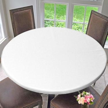 Imagem de Qlptzwd Toalha de mesa redonda de poliéster com borda elástica na parte de trás, capa de toalha de mesa lavável para festa de jantar na cozinha, branca, adequada para mesa de 91 x 91 cm