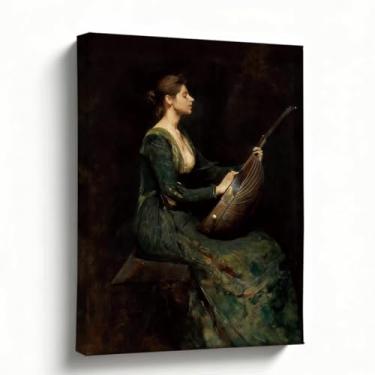 Imagem de Arte de parede em tela, retrato de mulher com alaúde, impressão de pintura a óleo estilo barroco, decoração de casa vintage para sala de estar quarto escritório, tela embrulhada para galeria pronta