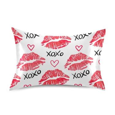 Imagem de Fronhas de cetim estampado vermelho branco batom beijos rei rainha fronha padrão engraçado refrescante confortável cama macia tamanho padrão 66.0 cm x 50.8 cm