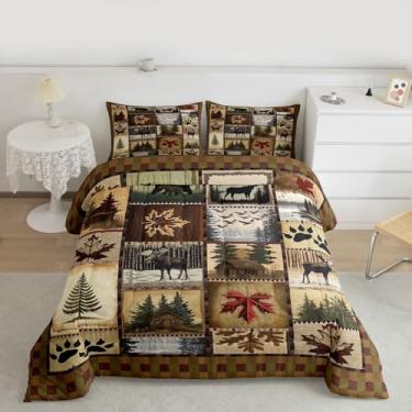 Imagem de Feelyou Conjunto de cama para meninos e meninas, alce rústico, tamanho king, tamanho king, rústico, urso, floresta, edredom de microfibra, xadrez de búfalo, decoração de quarto, folhas de bordo, 3