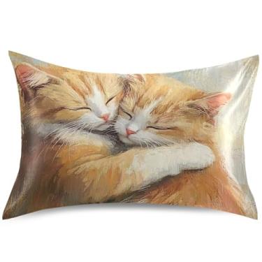 Imagem de Capa de almofada de cetim com gatos fofos amor animais cores capas de travesseiro padrão queen king decoração de cama, tamanho Queen, 76,2 cm x 50,8 cm