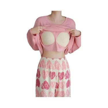 Imagem de Conjunto De Pijamas Femininos Grande Com Almofadas Para O Peito, Manga