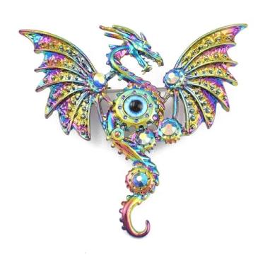 Imagem de 1 peça máquina dragão mosca com olho turco colorido arco-íris liga strass broches vintage máquina antiga estilo punk alfinetes de lapela para mochila roupas terno uniforme vestido decorações