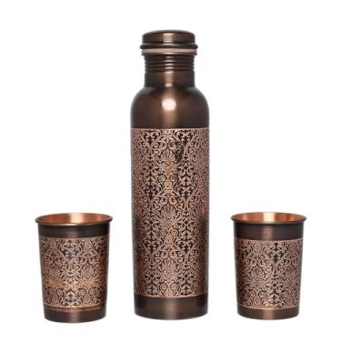 Imagem de Garrafa de água de cobre puro com conjunto de 2 copos, lindo padrão floral para benefícios de saúde Ayurveda