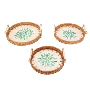 Imagem de aqxreight Bandeja de Vime Redonda Decorativa de 3 Peças, Cesta de Servir Tecida Com Alças para Sala de Estar (Tipo 2)