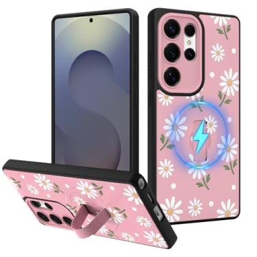 Imagem de Fiyart Capa projetada para Samsung Galaxy S25 Ultra, lindas flores florais, margarida, alça de dedo oculta, suporte de telefone para mulheres e meninas, compatível com MagSafe TPU rígido PC à prova de
