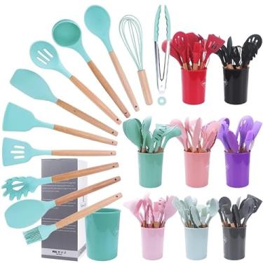 Imagem de KIT de Utensílios Para Cozinha em Silicone e plástico e Bambu (Rosa)