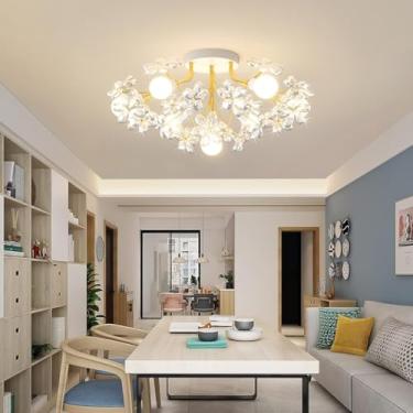 Imagem de Luminária de teto E27 estilo medieval decorativa, com cristais em formato de dente-de-leão, um lustre criativo com corpo em ferro dourado, ideal para cozinhas, ilhas, quartos, salas de estar