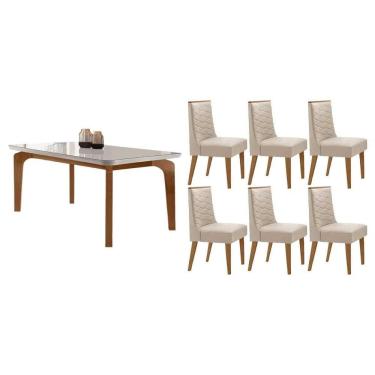 Imagem de Sala Jantar Mesa Londrina Tampo c/ Vidro Curvo 180cm+6 Cadeiras Dafne Madeira Naturale/Off White - Capuccino/Suede Creme - Rufato