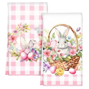 Imagem de Miss Adola Conjunto de 2 toalhas de cozinha de Páscoa - Toalhas de prato de microfibra fofas 45 x 66 cm absorventes e de secagem rápida para limpeza e decoração, cesta de coelho