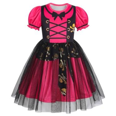 Imagem de WonderBabe Girls Pirate Costume Puffed Sleeves 3D Skull Print Dress Kids Halloween Buccaneer Dress Up Cosplay Party Outfits size 7-8 Yesrs