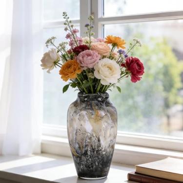 Imagem de Vaso de vidro preto fumê, vaso de vidro artístico soprado à mão para sala de estar ou mesa de jantar, vasos de vidro de concha de tartaruga modernos exclusivos para decoração de casa elegante centro