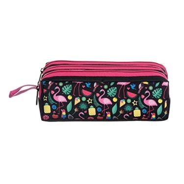 Imagem de Estojo Escolar Triplo Oxford Estampa Flamingo Preto 3 Partes